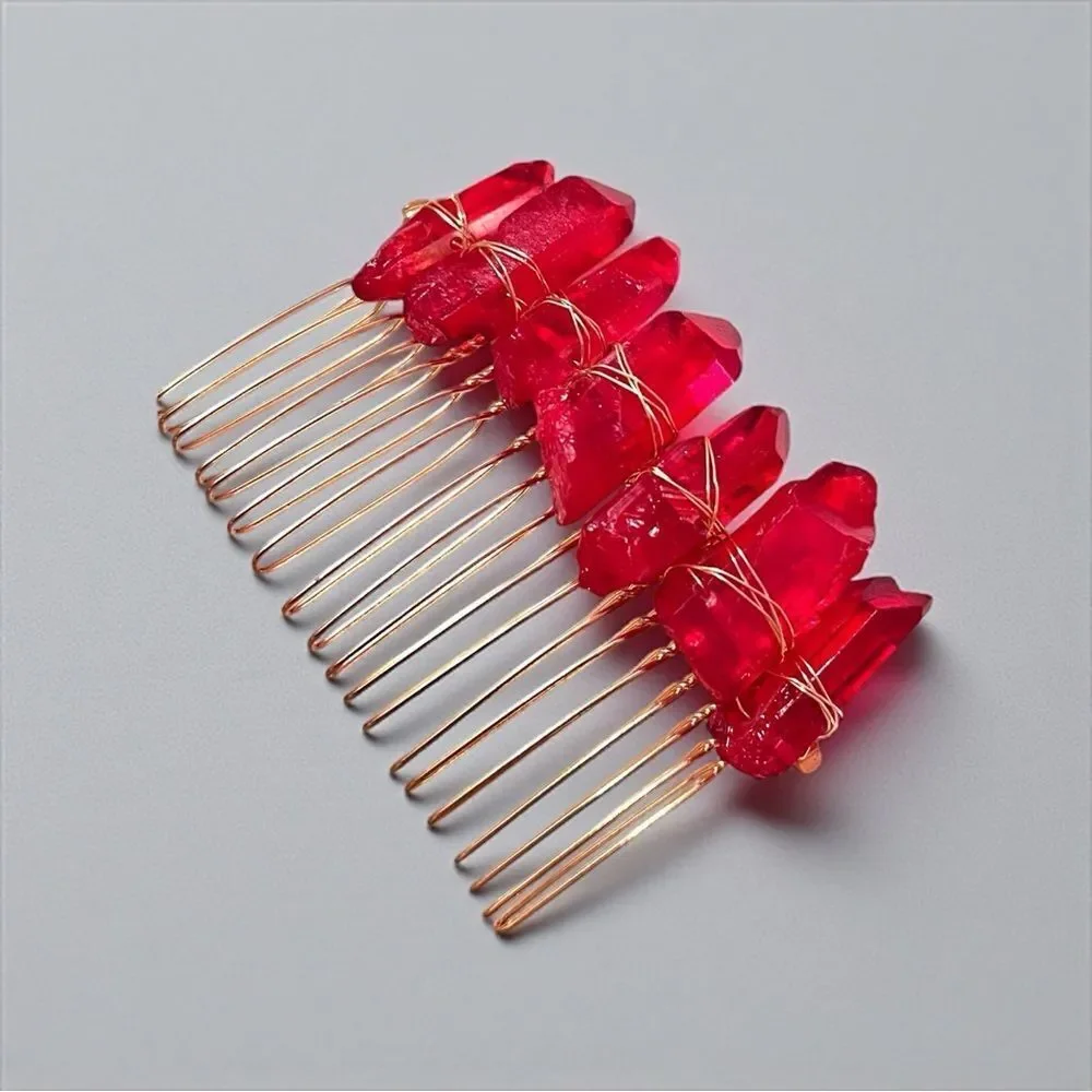 Handmade Genuine Red Crystal Hair Comb